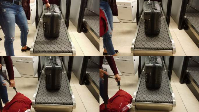 一名女子在飞行前放下行李的视频。