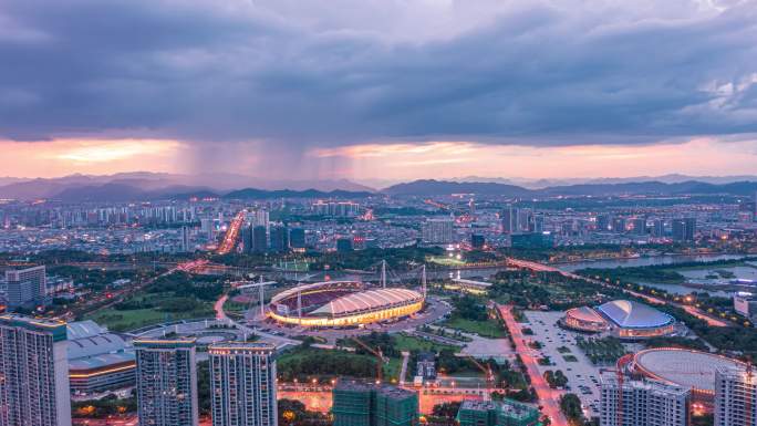 义乌梅湖城市积雨云夜景航拍延时摄影