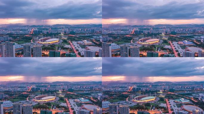 义乌梅湖城市积雨云夜景航拍延时摄影