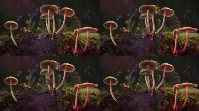 森林-宏唯美森林蘑菇生态真菌雨后蜗牛