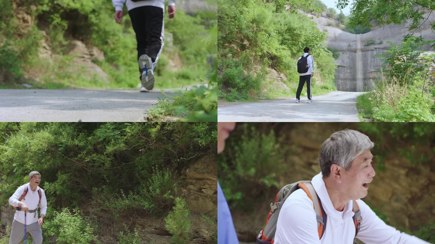 一群老朋友沿着乡间小路旅行老年退休登山杆