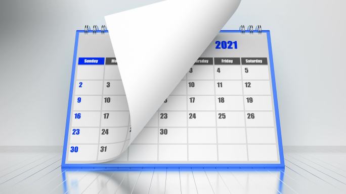 2021日历的飞页，蓝色边框，白色背景