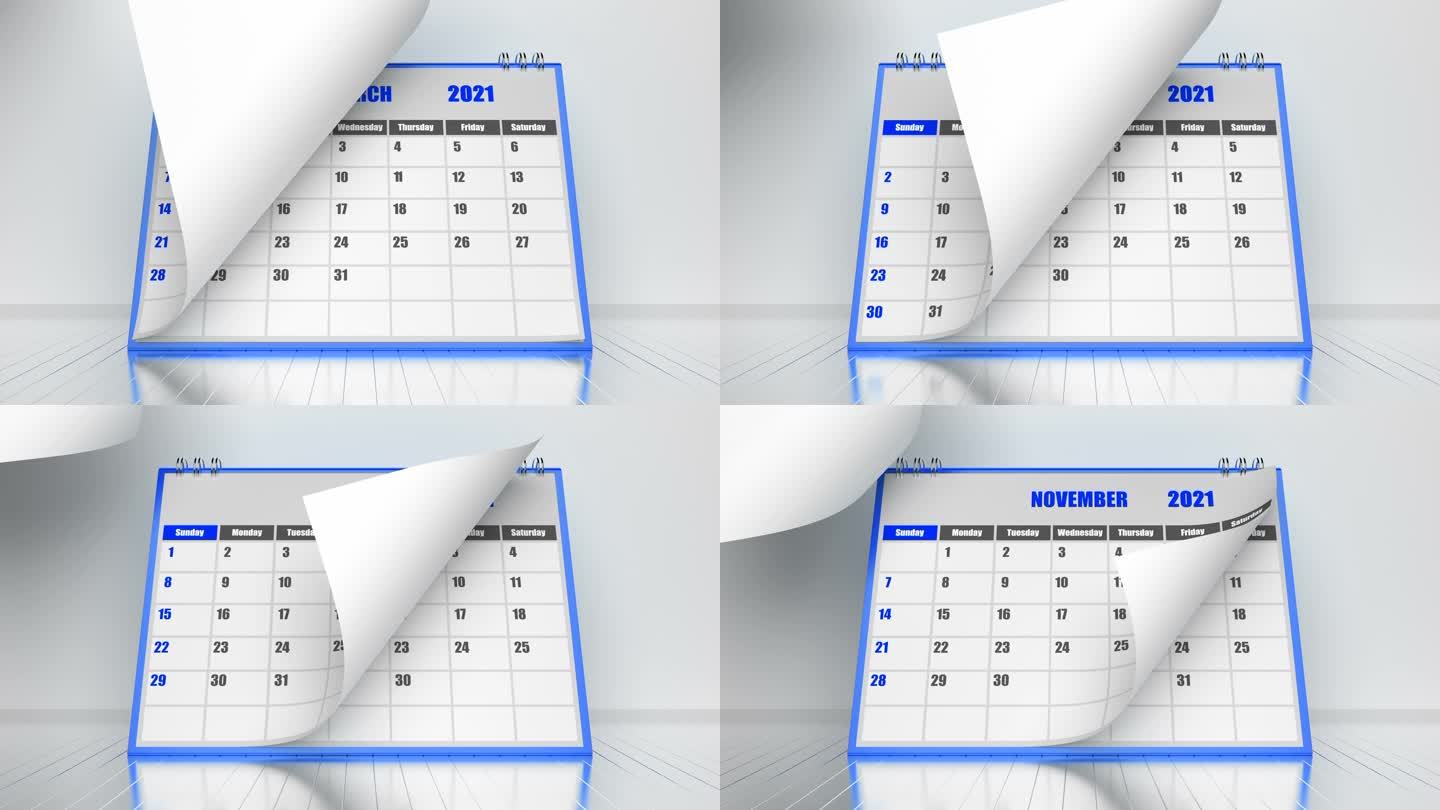 2021日历的飞页，蓝色边框，白色背景