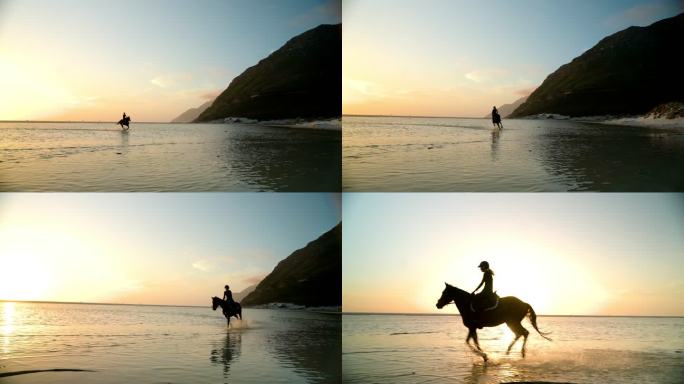 日落时分，身影女子骑马在海边冲浪
