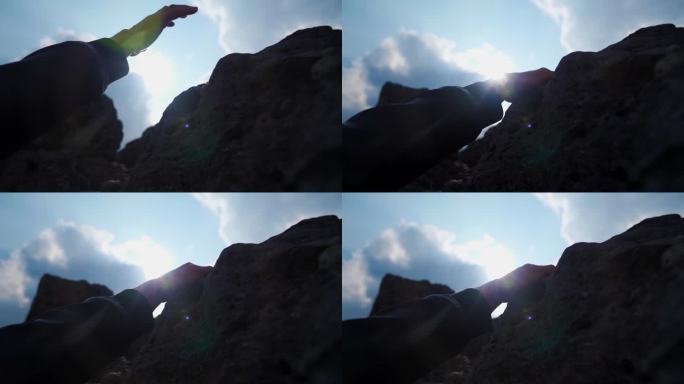 登山 攀登 手部逆光剪影 慢镜头 运动