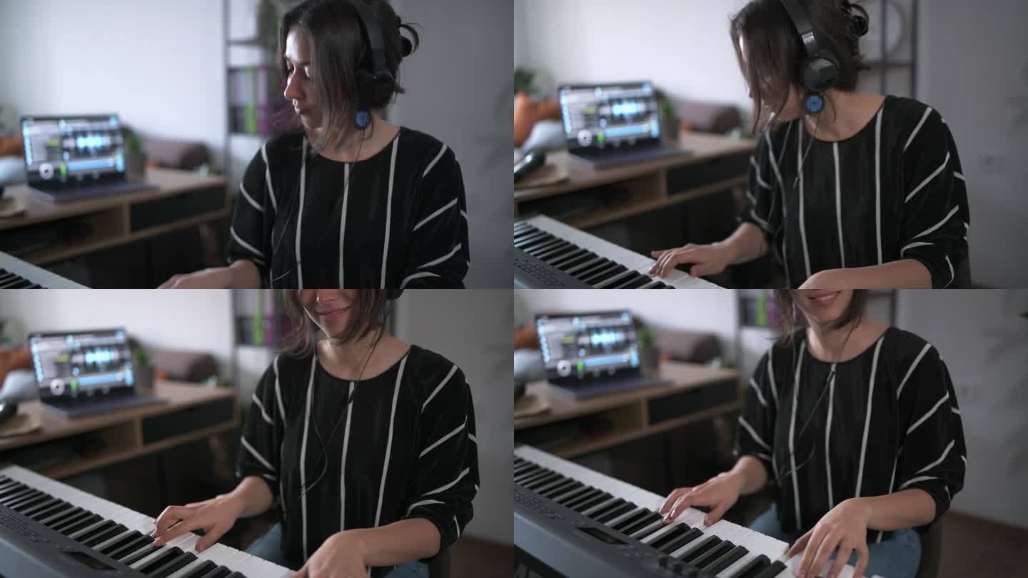 新冠肺炎流行期间，女艺术家在家里弹钢琴/创作新音乐。