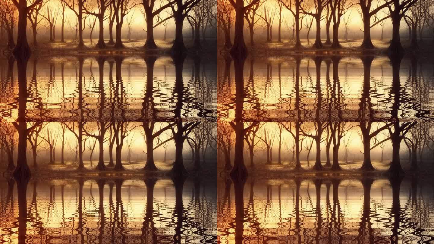 枯树林夕阳倒影