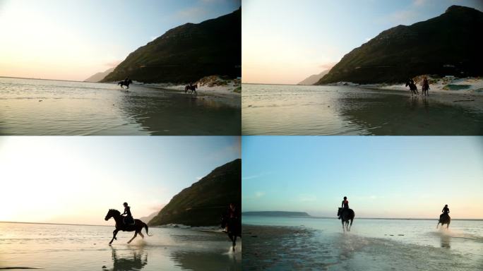 骑在马背上的年轻女子在日落时分在海边骑马冲浪