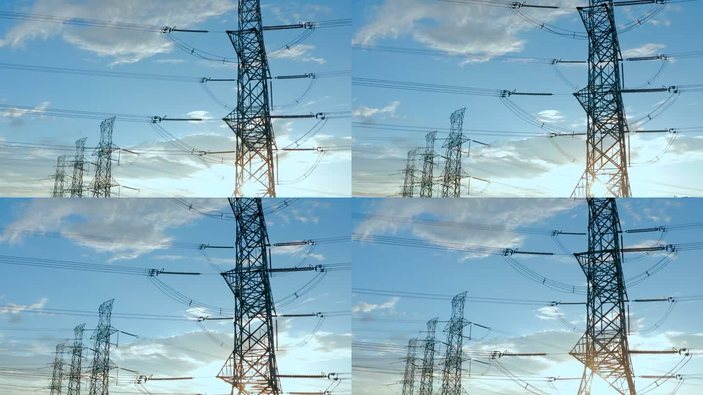 高压电力塔鸟瞰图电能能源输电塔