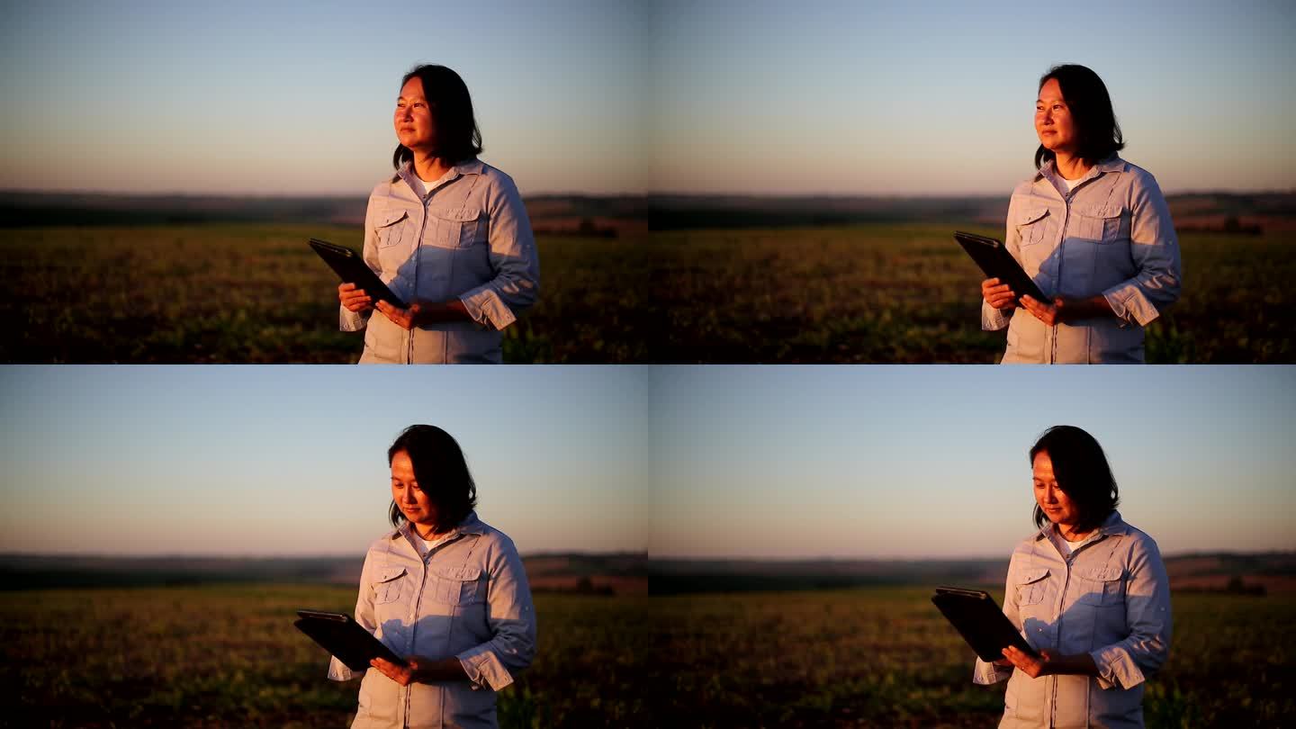 日落时看着地平线的农学家女人