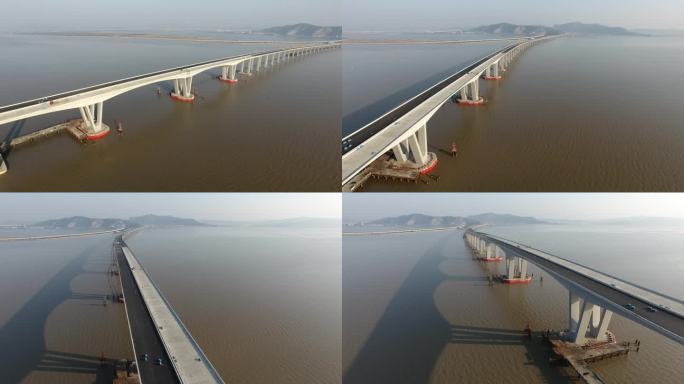 航拍在建中的乐清湾跨海大桥