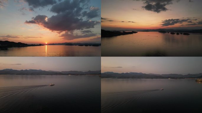 4K千岛湖湖面夕阳落日航拍