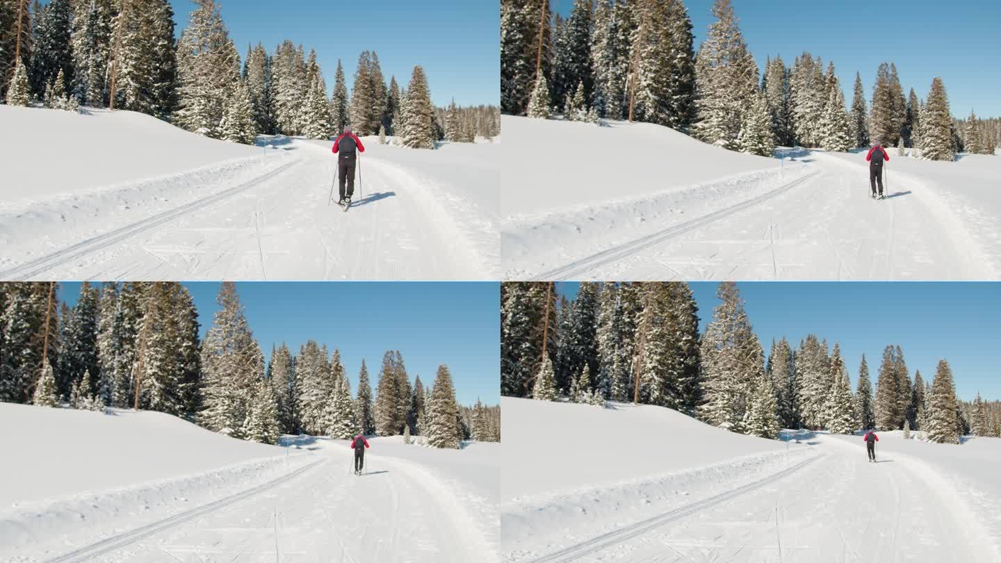科罗拉多州大梅萨国家森林晴朗晴朗的“蓝鸟”日，一名越野滑冰运动员用“V2”方法沿着一条平整的小道从相