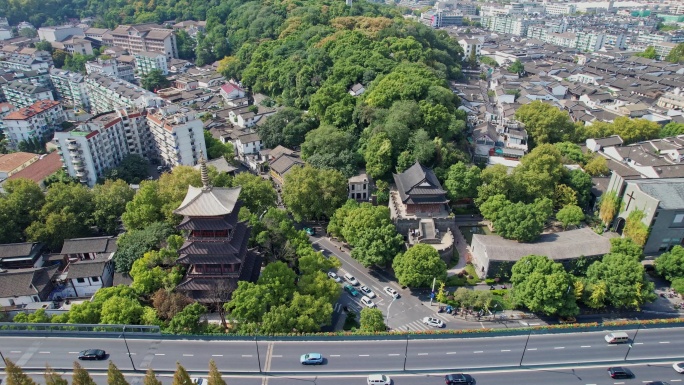 航拍杭州河坊街鼓楼望仙阁中河高架