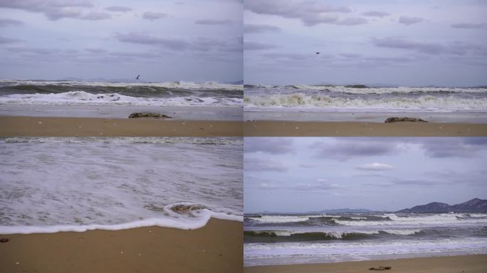 阴天海浪翻滚冲上沙滩
