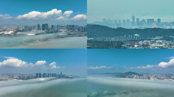 平流雾下城市高楼大厦4K航拍
