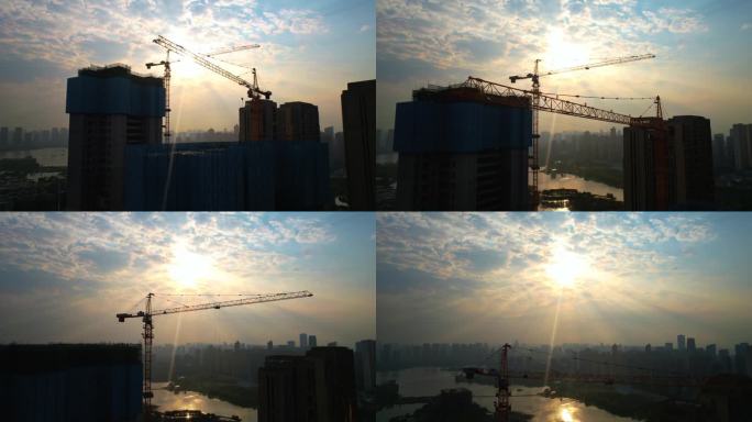 武汉4K航拍工地，夕阳