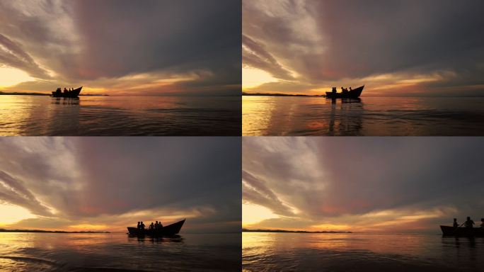 日落时渔船划过剪影