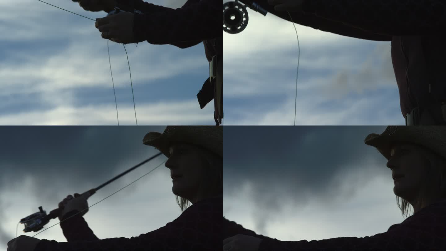 一个身着剪影的女人在日落时在多云的天空下钓鱼