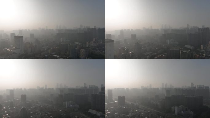 城市雾霾天天气航拍