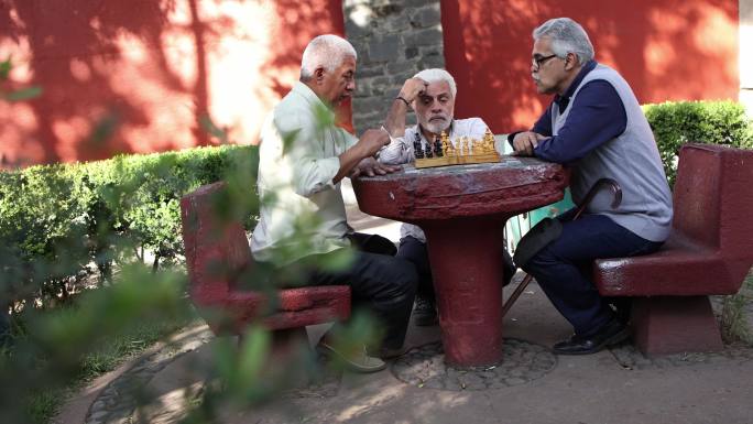 老年人坐在户外下棋