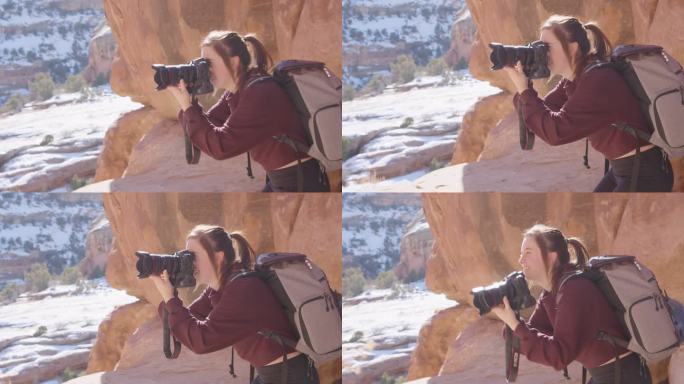 一位快乐的年轻白人女性用单反相机给朋友摆姿势拍照的手持式慢镜头