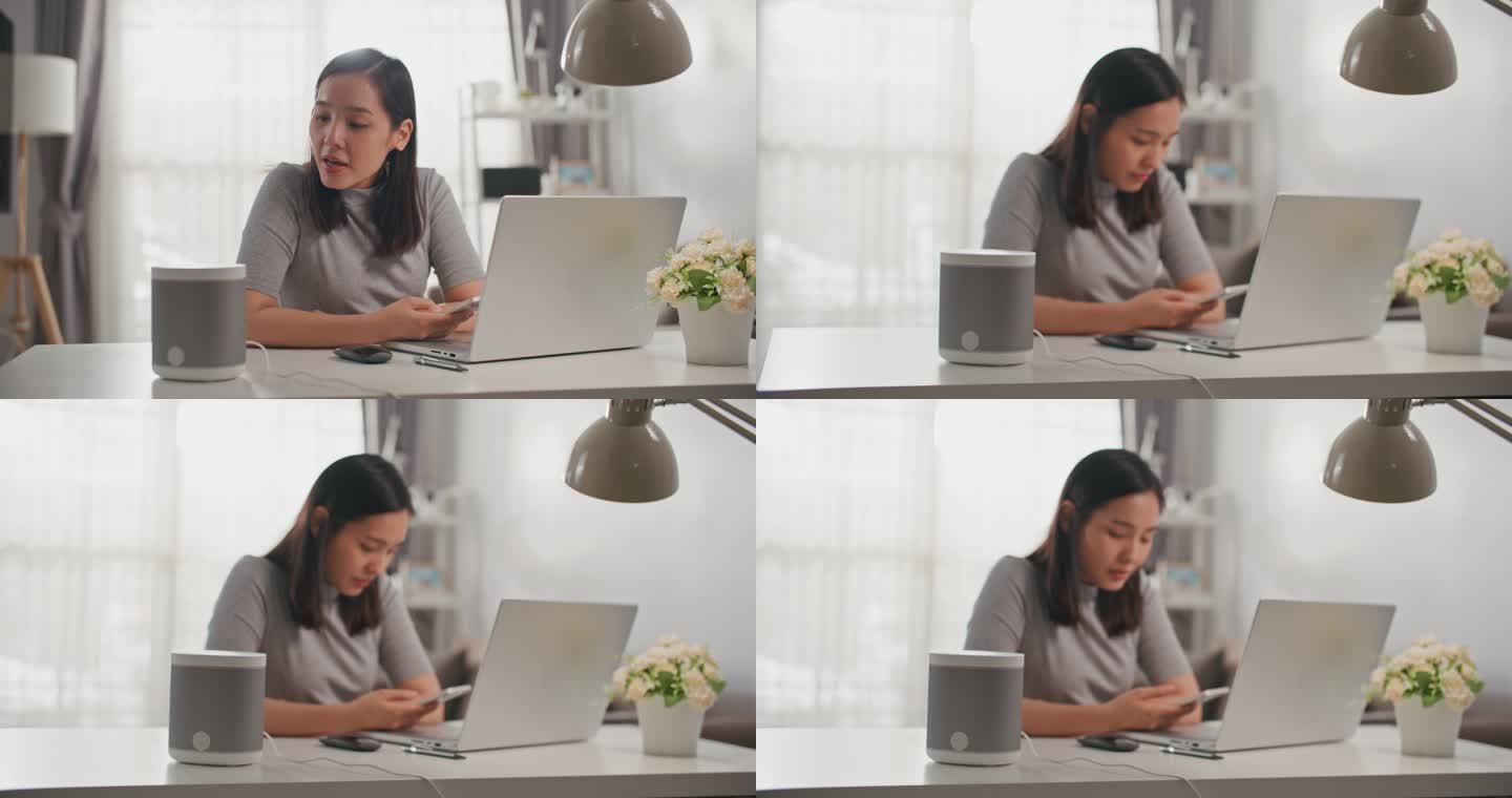 亚洲女性在家中使用智能音箱