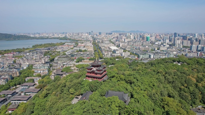 航拍杭州城隍阁西湖大全景