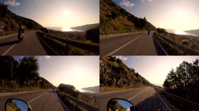 日落时在海岸公路上骑滑板车