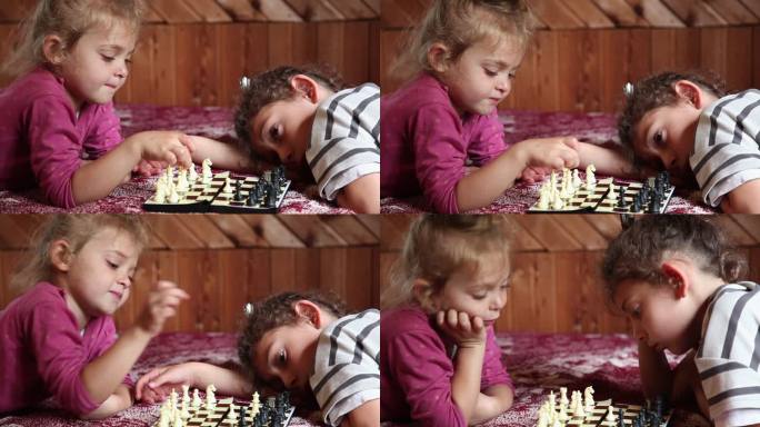 小女孩在床上下棋的侧视图
