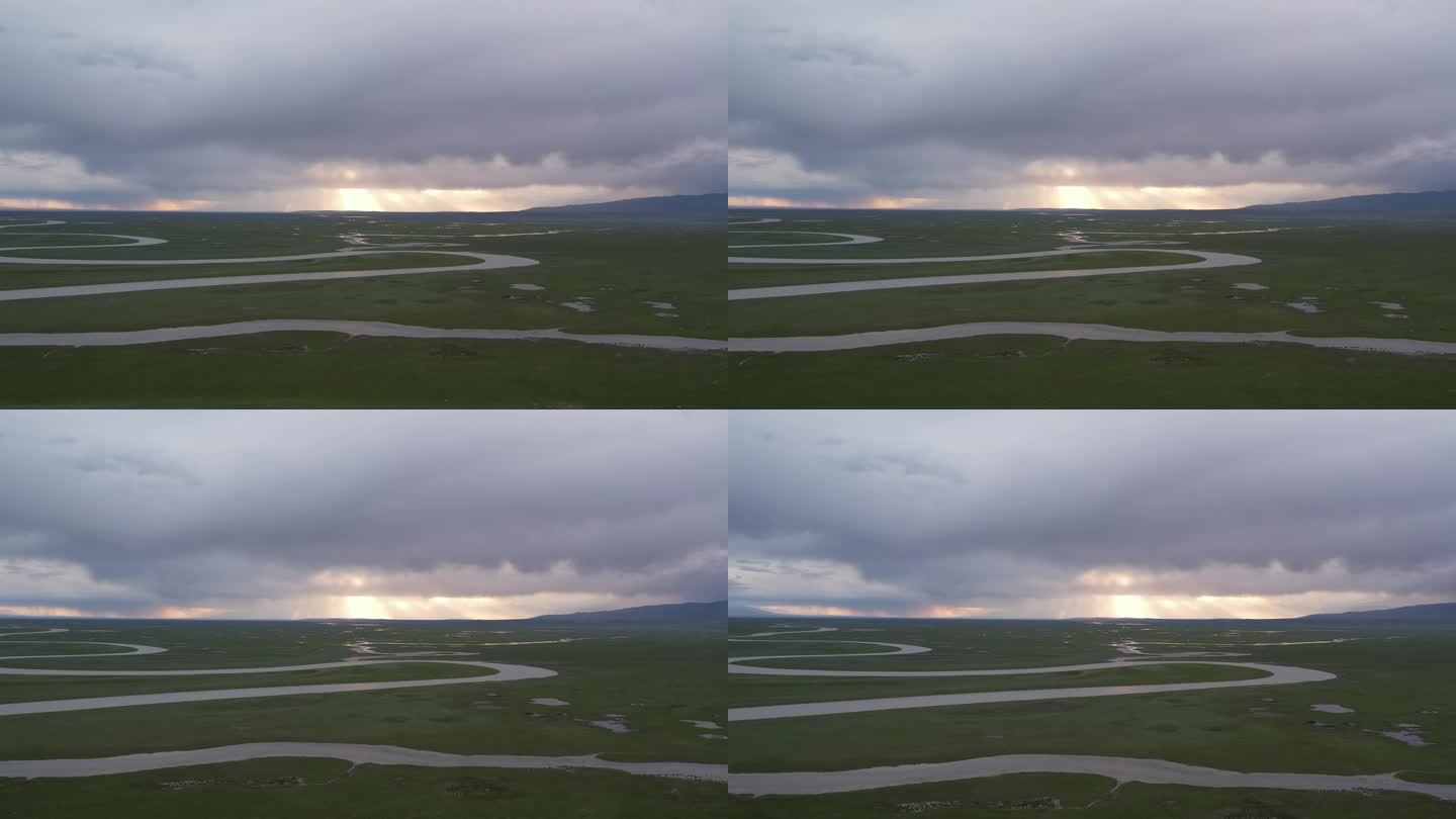 航拍新疆草原巴音布鲁克河流日落画面