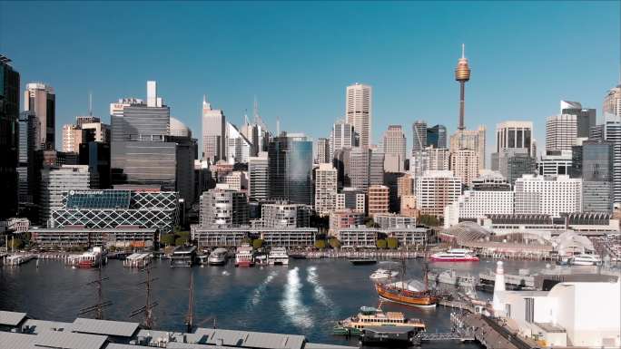 Skyline视频。澳大利亚悉尼达令港无人机鸟瞰图。4K视频