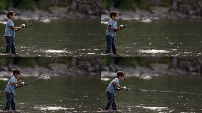 儿童钓鲈鱼小孩河边钓鱼甩杆