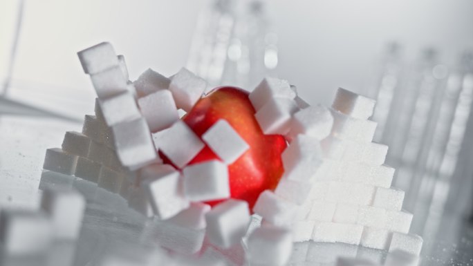 SLO MO LD苹果突破堆叠的白糖方块墙