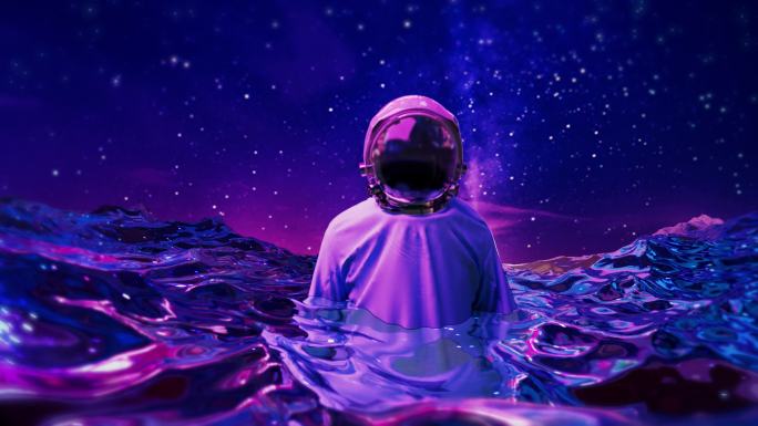 赛博朋克宇航员站立在绚丽紫红色海面