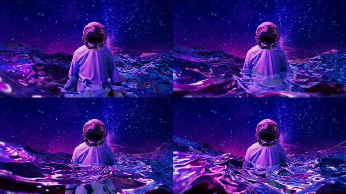赛博朋克宇航员站立在绚丽紫红色海面