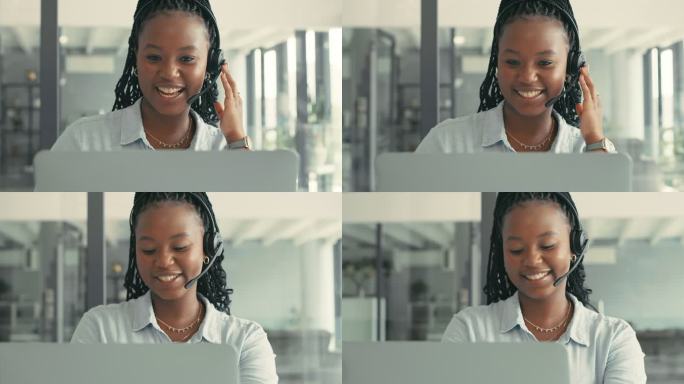 一名年轻女商人独自坐在办公室里，戴着耳机，使用笔记本电脑的4k视频片段