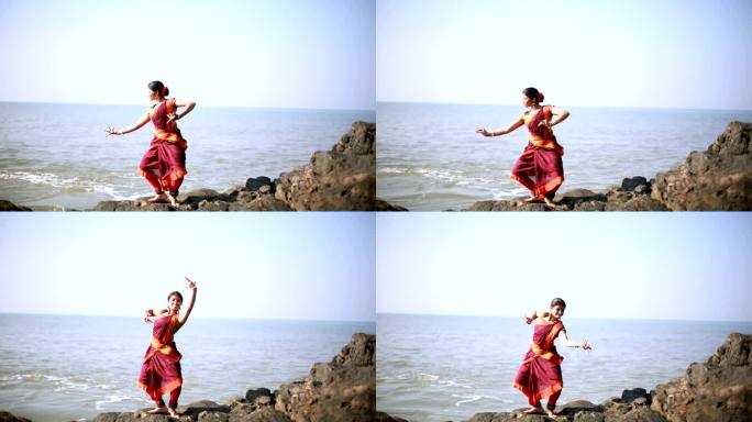 古典舞蹈家海岸线礁石女人跳舞
