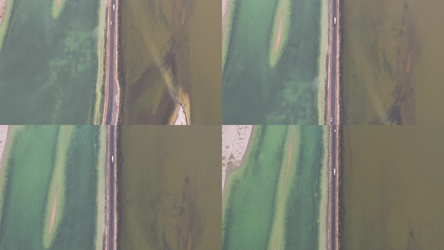 航拍青海柴达木盆地双色湖俯拍跟车画面