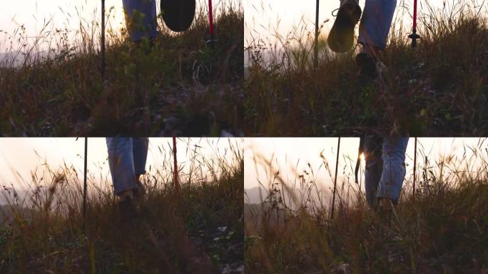 登山者脚步特写前行者的步伐翻山越岭登高山