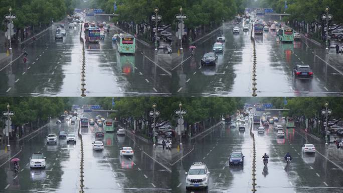 4k下雨街上的车辆和行人