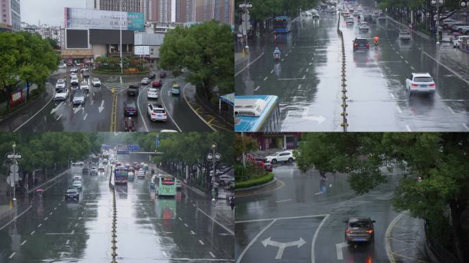 4K下雨街上的车辆和行人