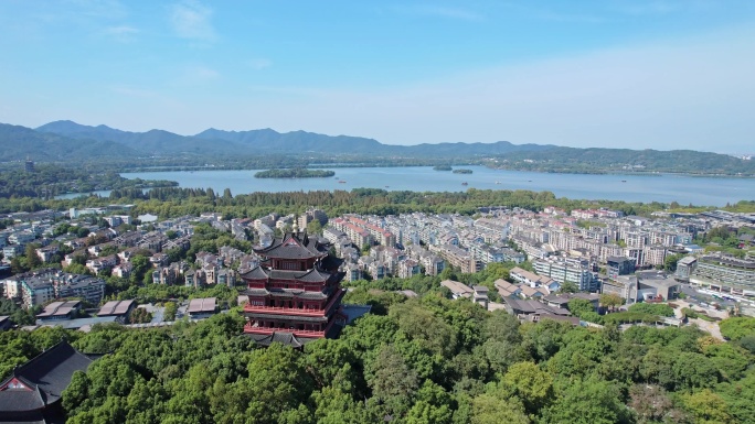 航拍杭州城隍阁西湖大全景