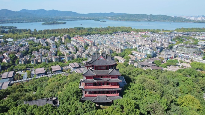 航拍杭州城隍阁西湖大全景