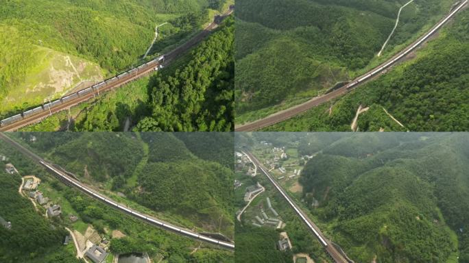 俯拍火车穿山越岭