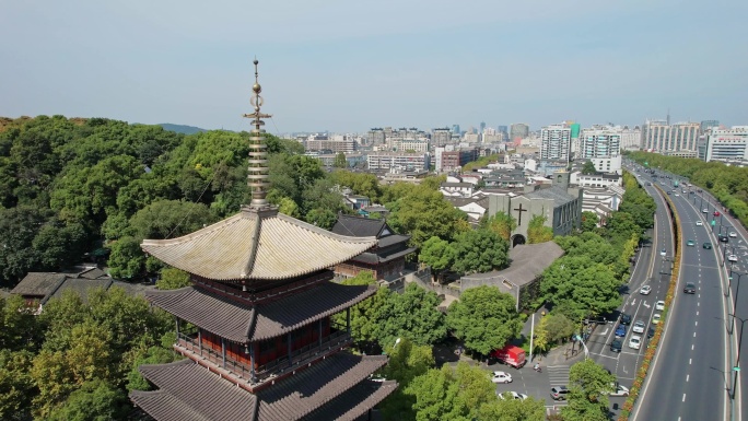 航拍杭州河坊街望仙阁中河高架