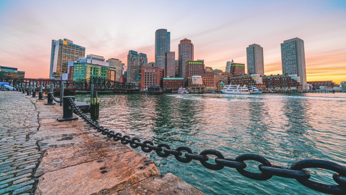 美国马萨诸塞州范码头公园波士顿港城市景观的时间流逝