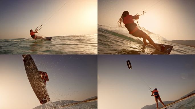 SLO MO日落时分，一名女子在她的风筝板上向空中飞舞
