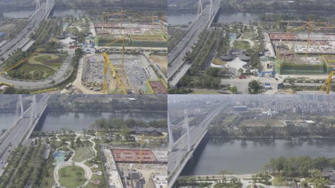 航拍桂林漓江边小区工地建设过程