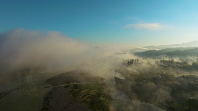 河道、地面上云海平流雾震撼航拍3